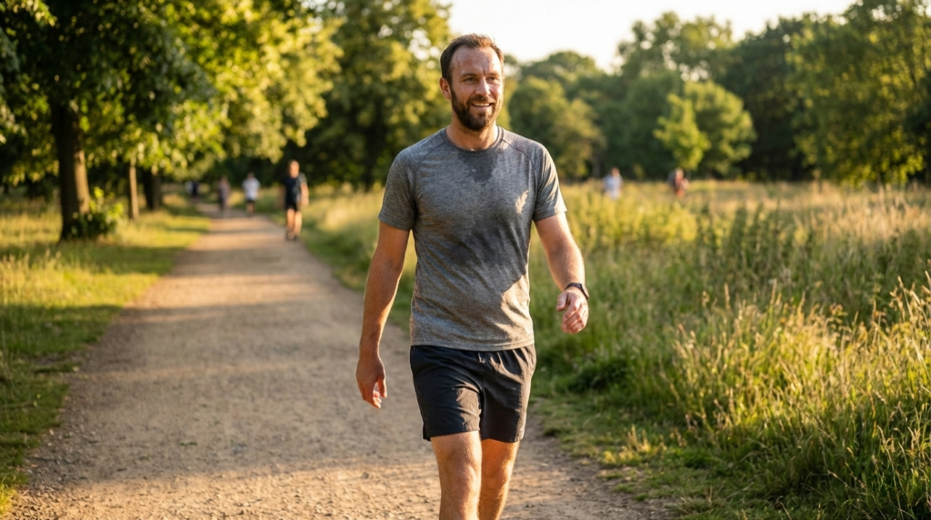 Man exercising or walking outdoors to improve vitality, energy levels and overall physical health