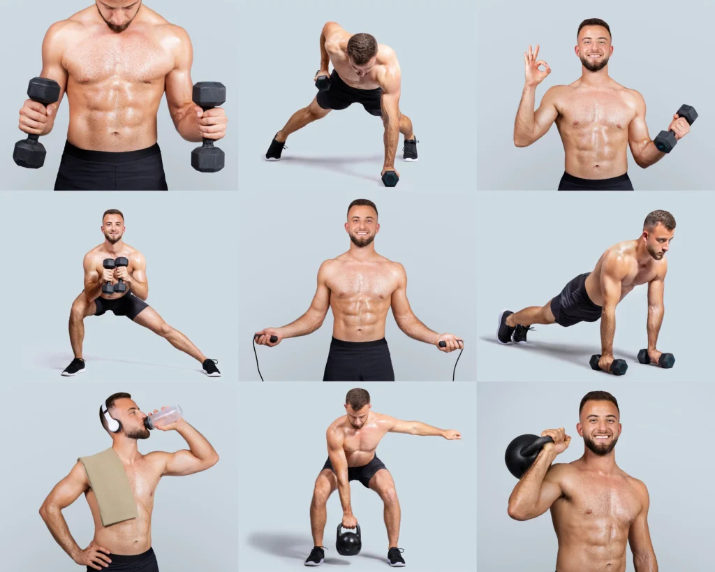 Man performing various strength training exercises in a gym
