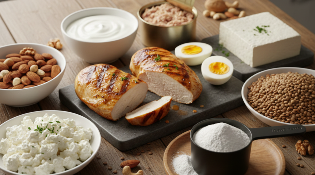 A selection of high-protein foods including chicken, eggs, Greek yogurt, lentils, tofu, nuts, and whey protein arranged on a kitchen surface.