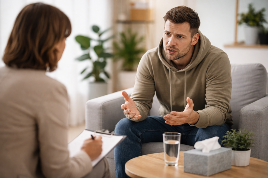 Man talking to a therapist about anxiety support options during a professional mental health session