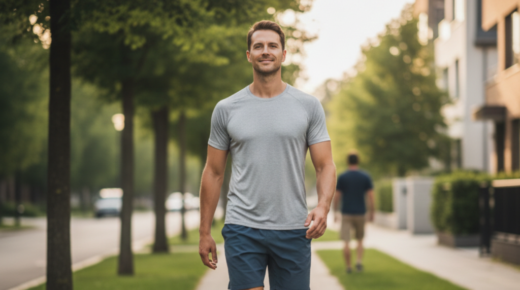 A man in his 30s walking briskly outdoors in daylight, symbolizing healthy daily habits and metabolic balance.