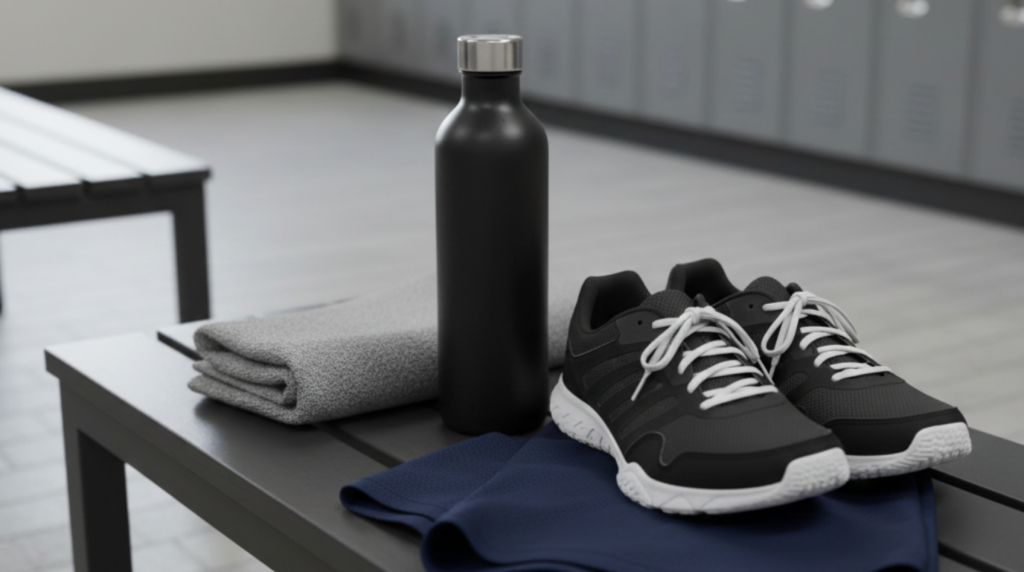 Neatly arranged gym essentials including a water bottle, towel, training shoes, and workout clothing placed on a gym bench.