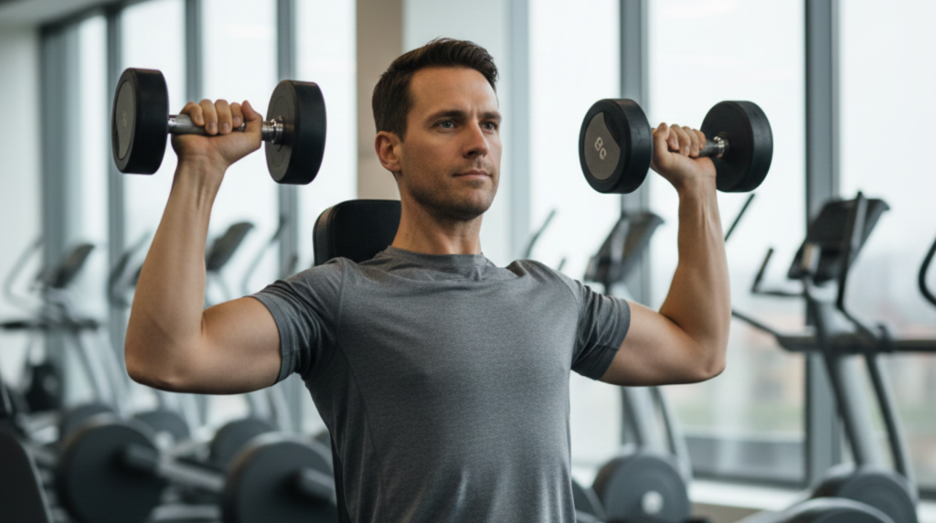 A man in his 30s performing a controlled shoulder exercise with dumbbells in a well-lit gym, demonstrating proper form and stability.