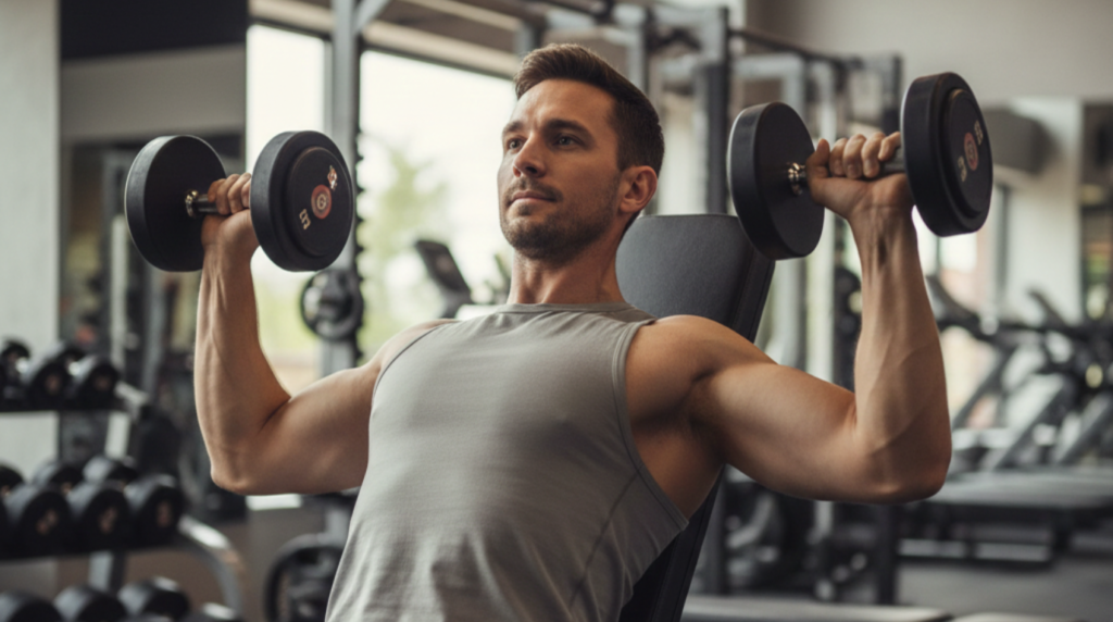 A man in his 30s performing a controlled chest exercise with proper form in a well-lit gym.