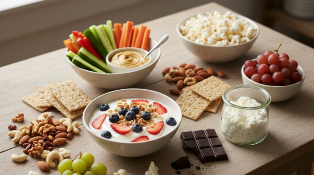 A selection of healthy snacks including fruit, nuts, yogurt, hummus, whole-grain crackers, popcorn, and dark chocolate on a kitchen surface.