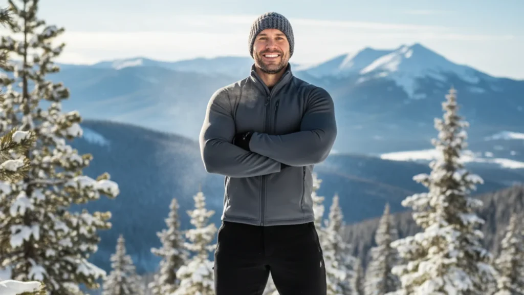 Muscular man doing home workout indoors during winter