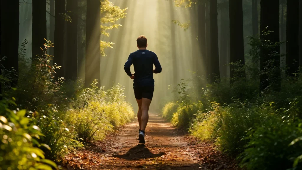person-running-forest-with-sun-shining-through-trees - Men Health Magazine