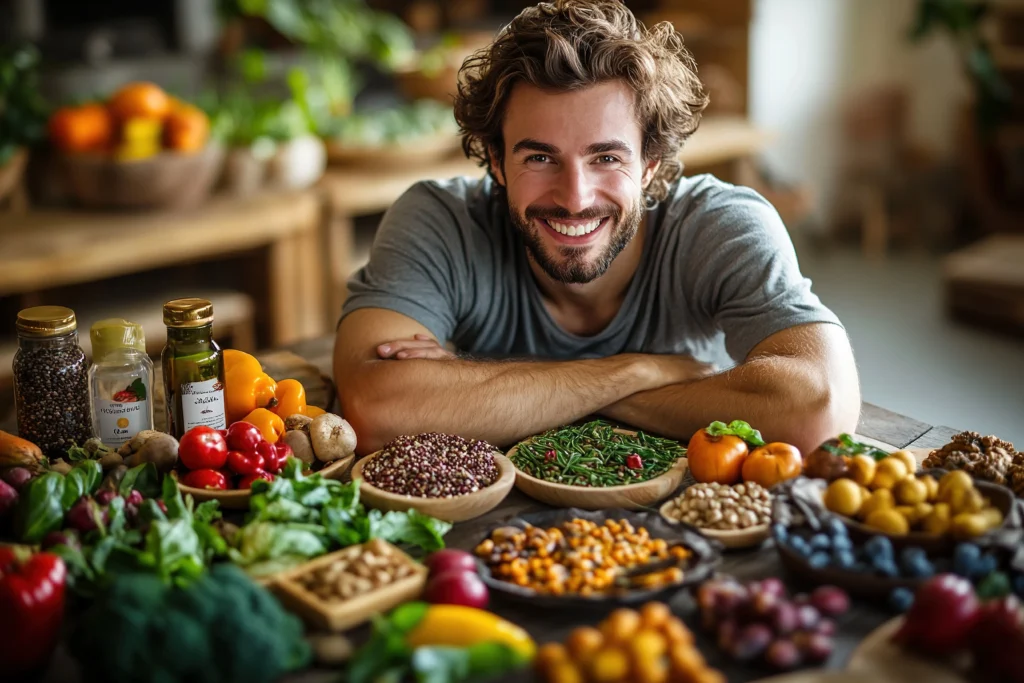 international-day-veganism-man-smiling-surrounded-by-food-international-day-veganism
